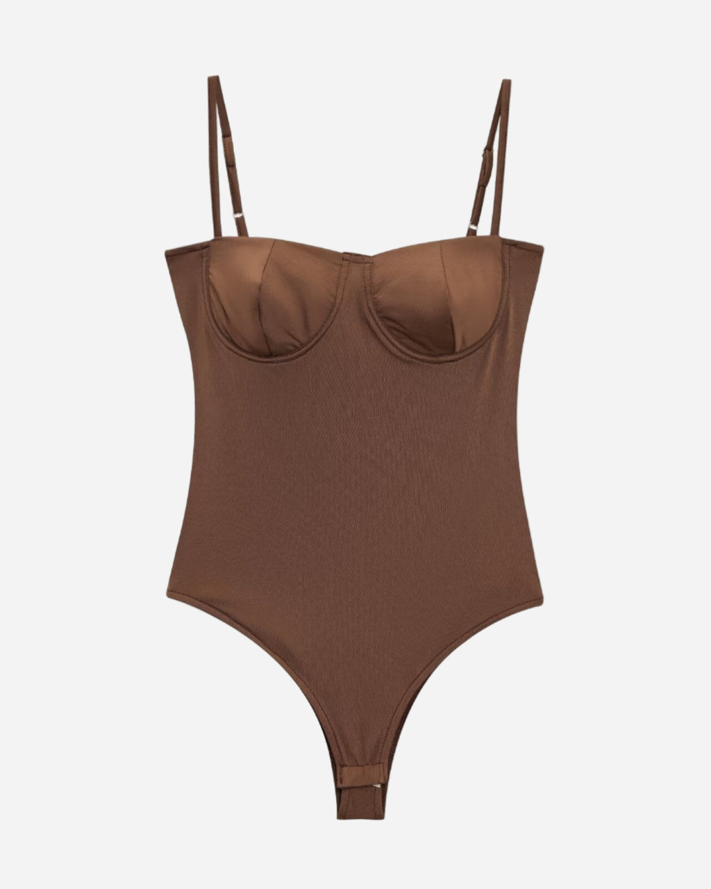 Brown bodysuit with thin straps on a white background