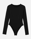 Black bodysuit with long sleeves on a white background