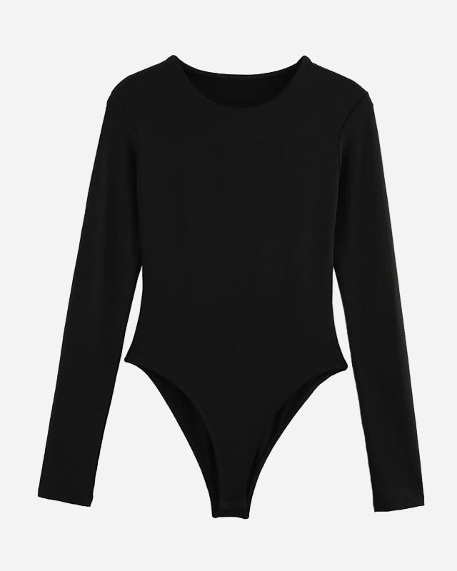 Black bodysuit with long sleeves on a white background