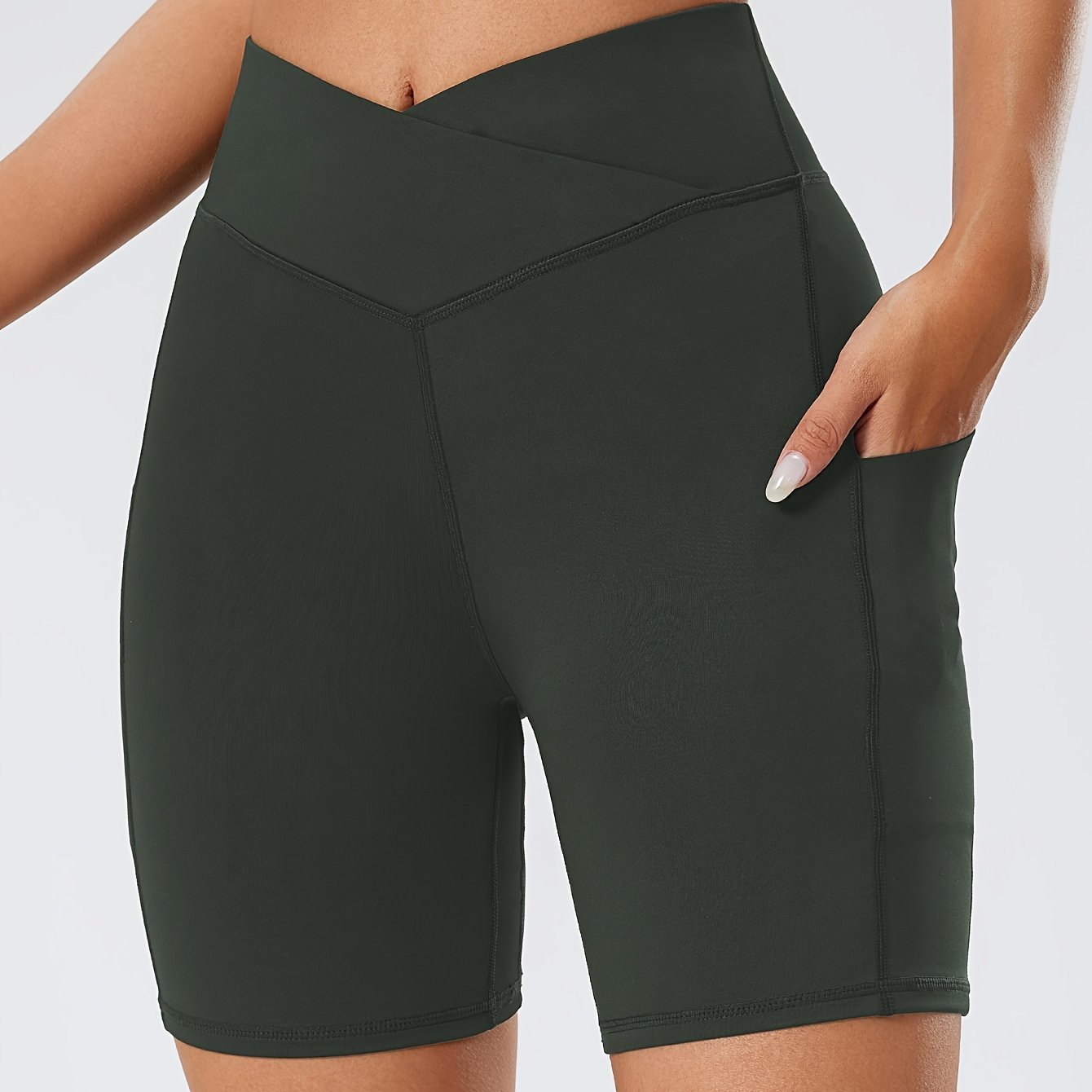 Cross-Waist Yoga Shorts with Pocket – Women's High-Waist Workout Shorts