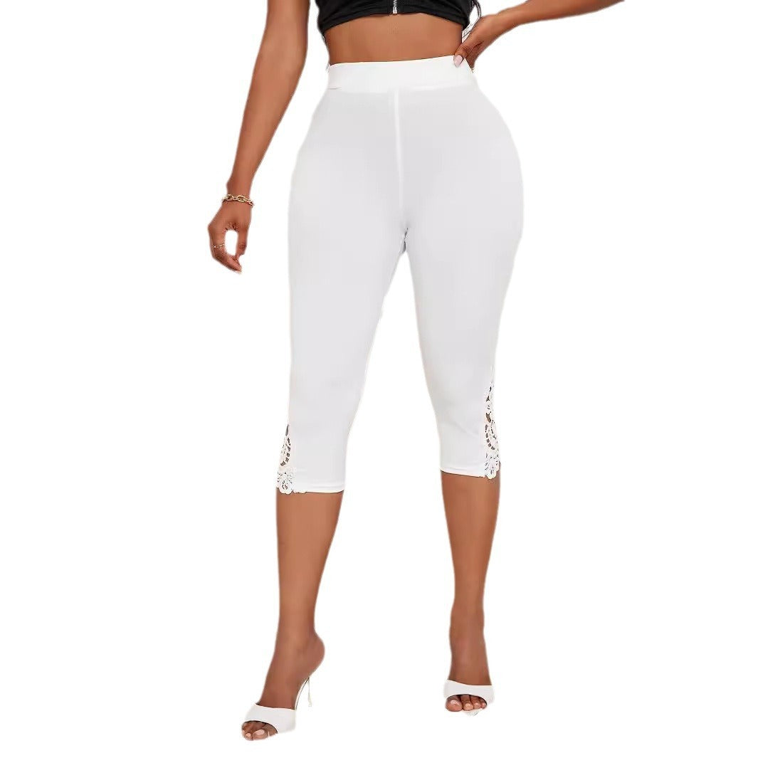 Fashion Slim Fit High Waist Pure Color Lace Patchwork Base Cropped Pants