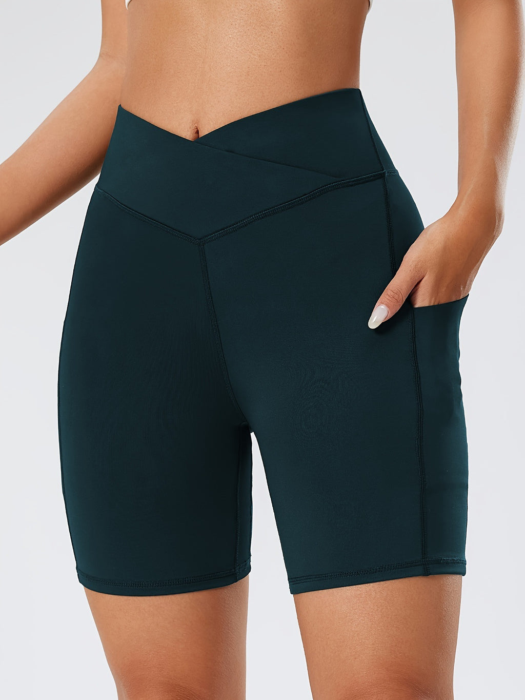 Cross-Waist Yoga Shorts with Pocket – Women's High-Waist Workout Shorts
