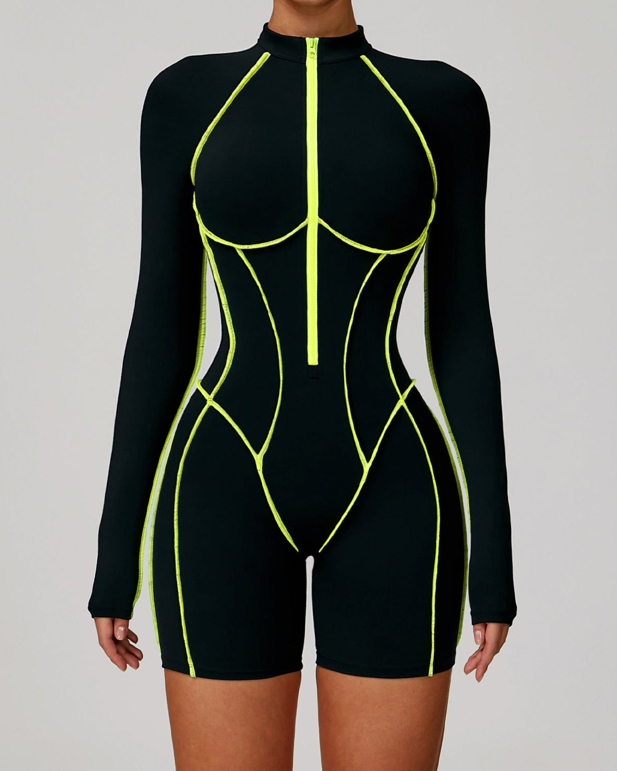 Black bodysuit with neon yellow accents on a gray background