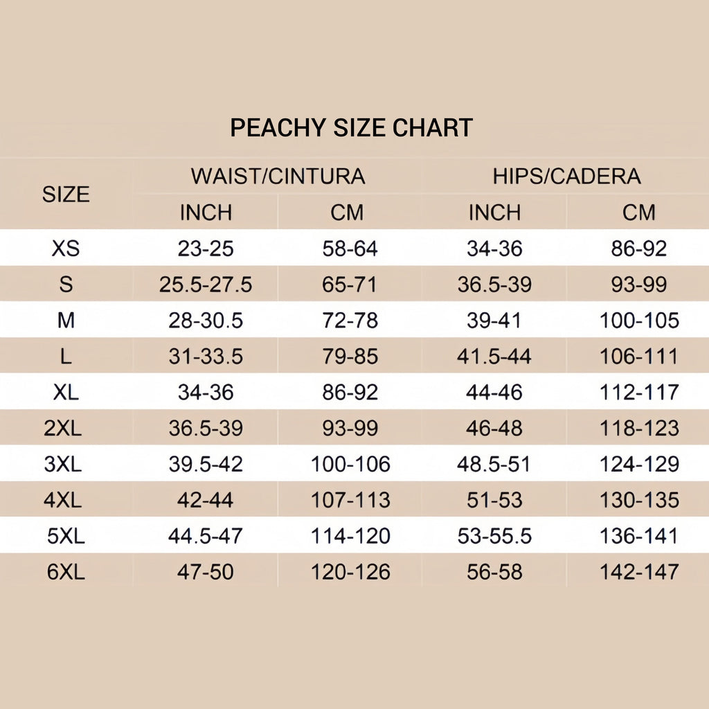 Peachy size chart for waist and hips on a beige background