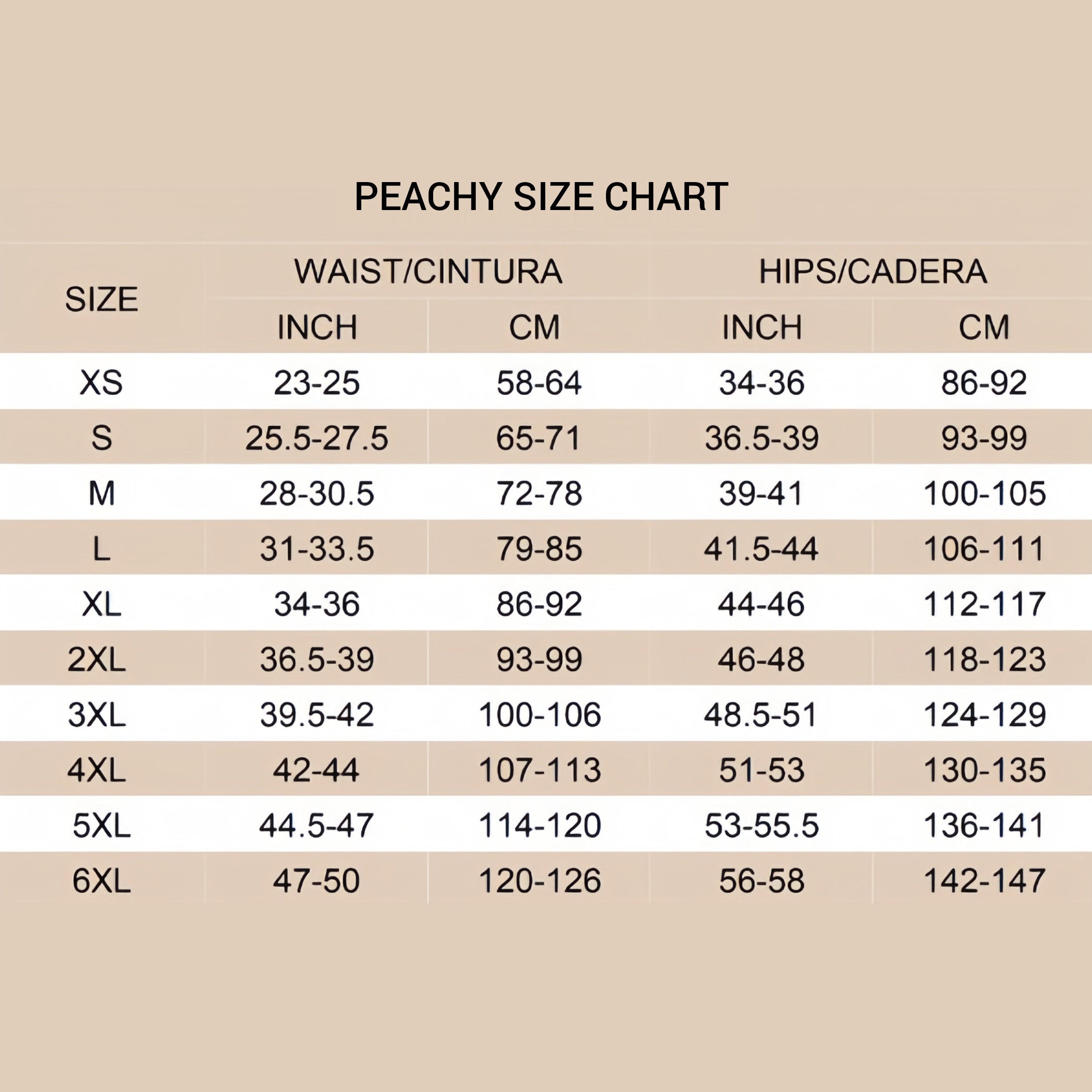 Peachy size chart for waist and hips on a beige background