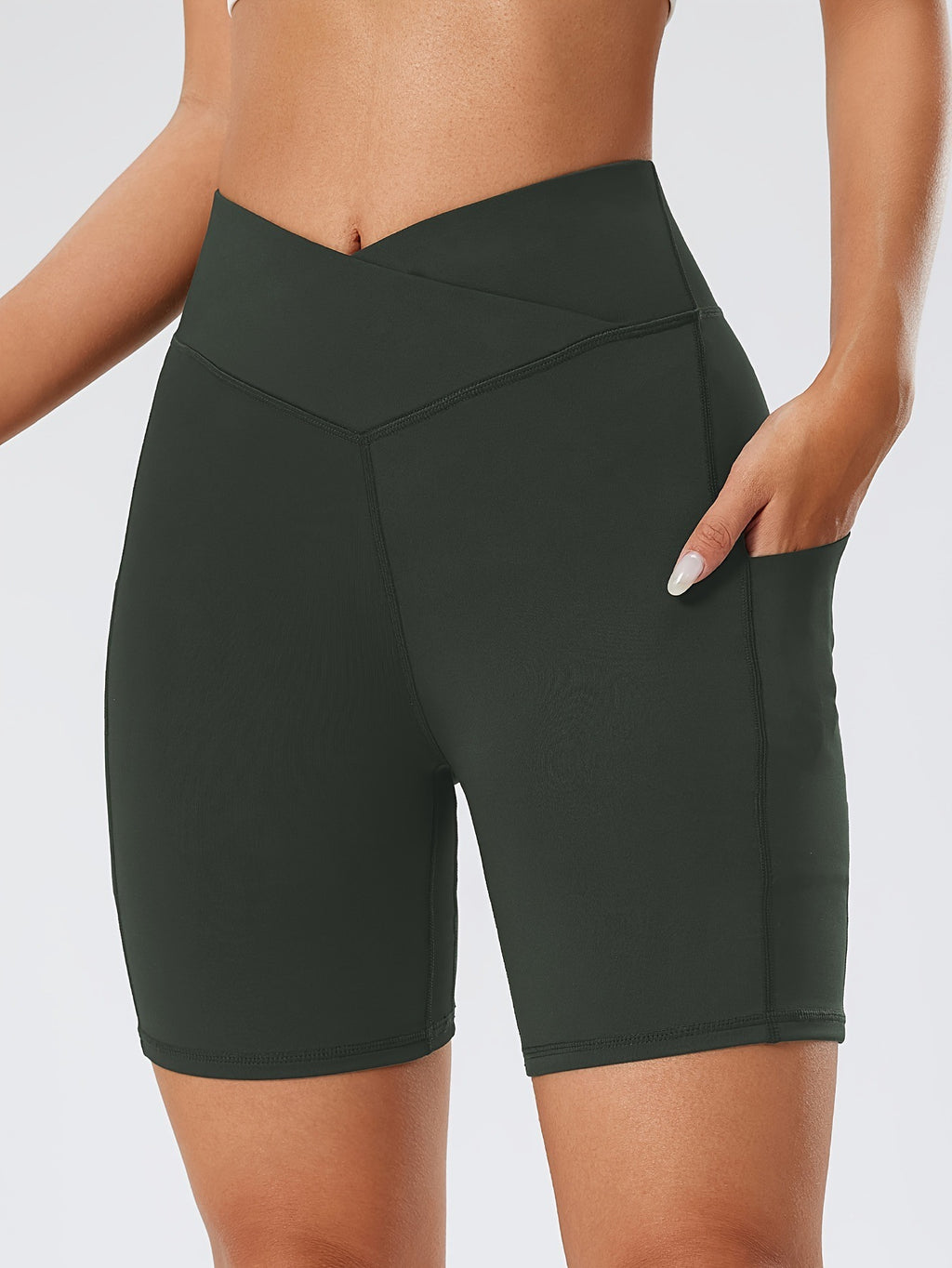 Cross-Waist Yoga Shorts with Pocket – Women's High-Waist Workout Shorts