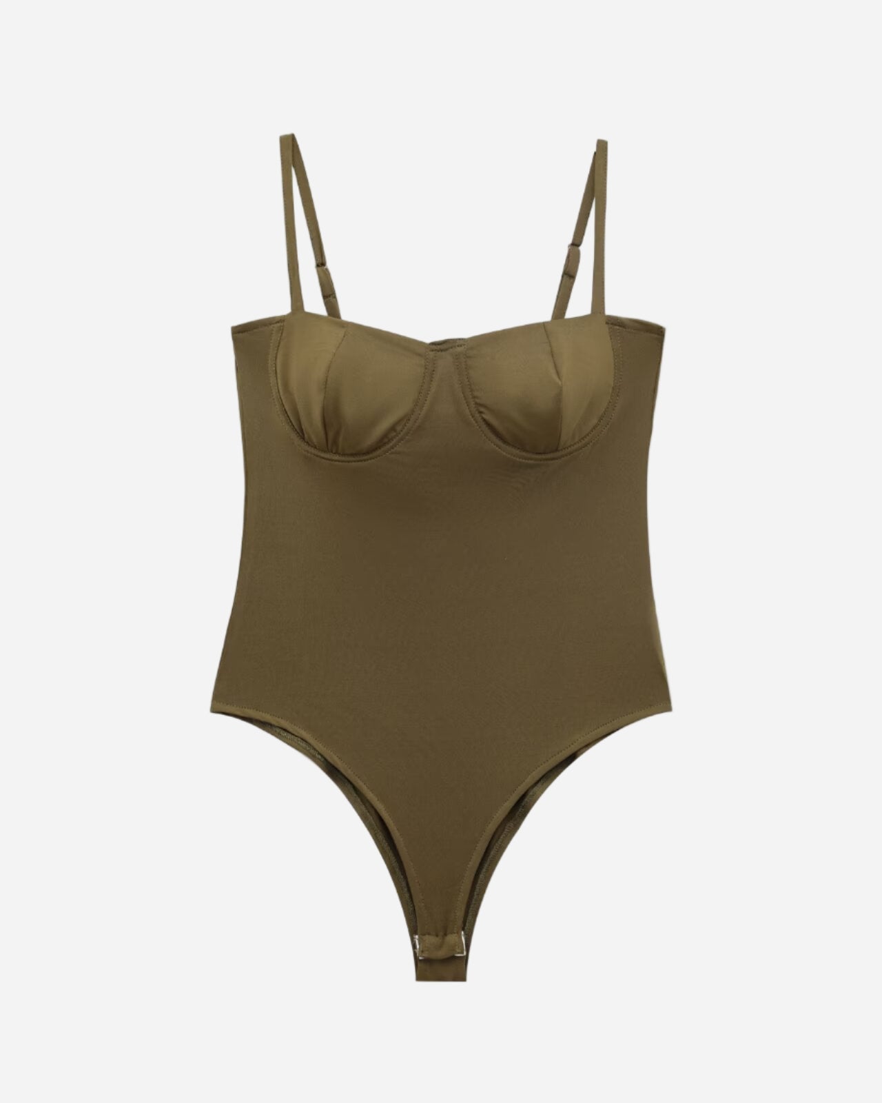 Green swimsuit with thin straps on a white background