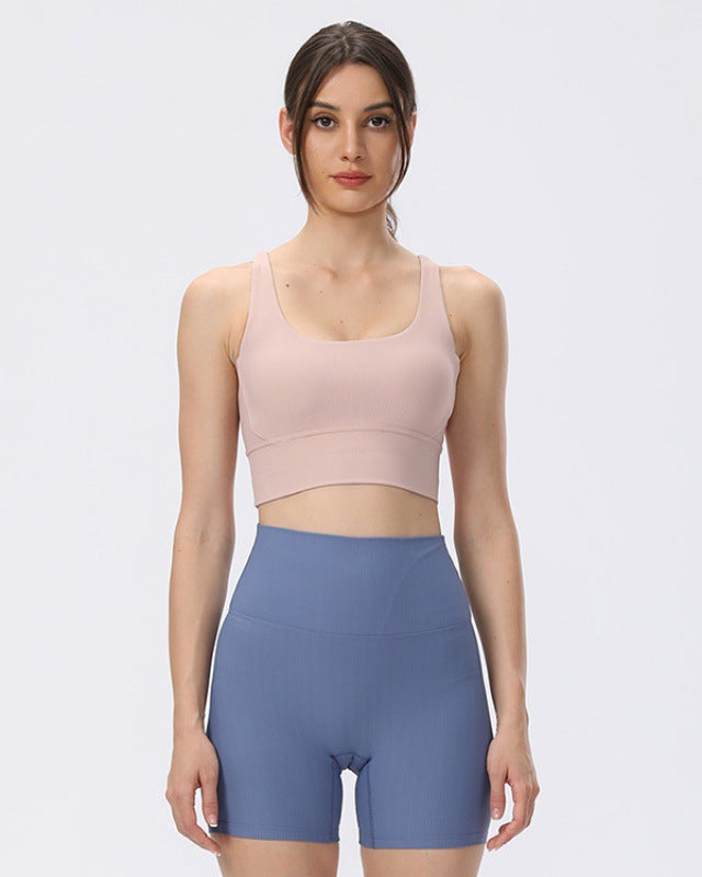 Rib Nude Feel Yoga Bra Sports Underwear Cross Beauty Back Thread Sports Bra For Women