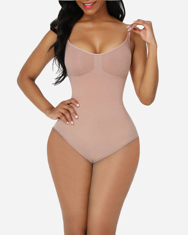 Beige bodysuit worn by a model on a white background