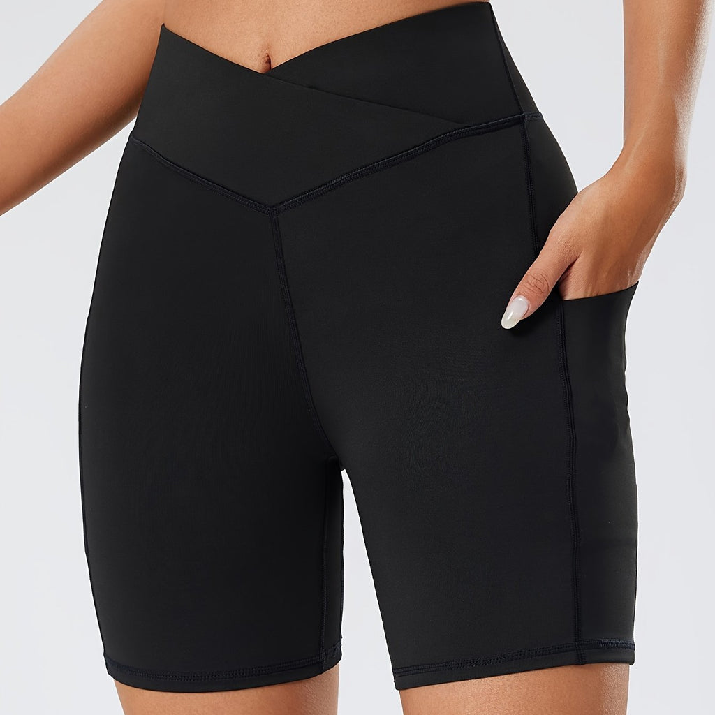Cross-Waist Yoga Shorts with Pocket – Women's High-Waist Workout Shorts