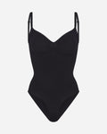 Black swimsuit with thin straps on a white background