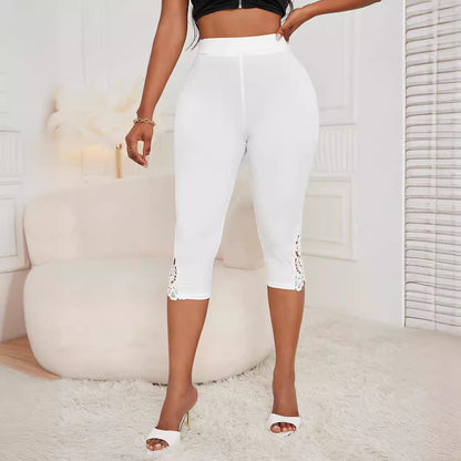 High-Waist Slim Fit Cropped Pants – Women's Lace Patchwork Elegant Bottoms