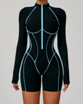 Black bodysuit with blue neon lines on a gray background