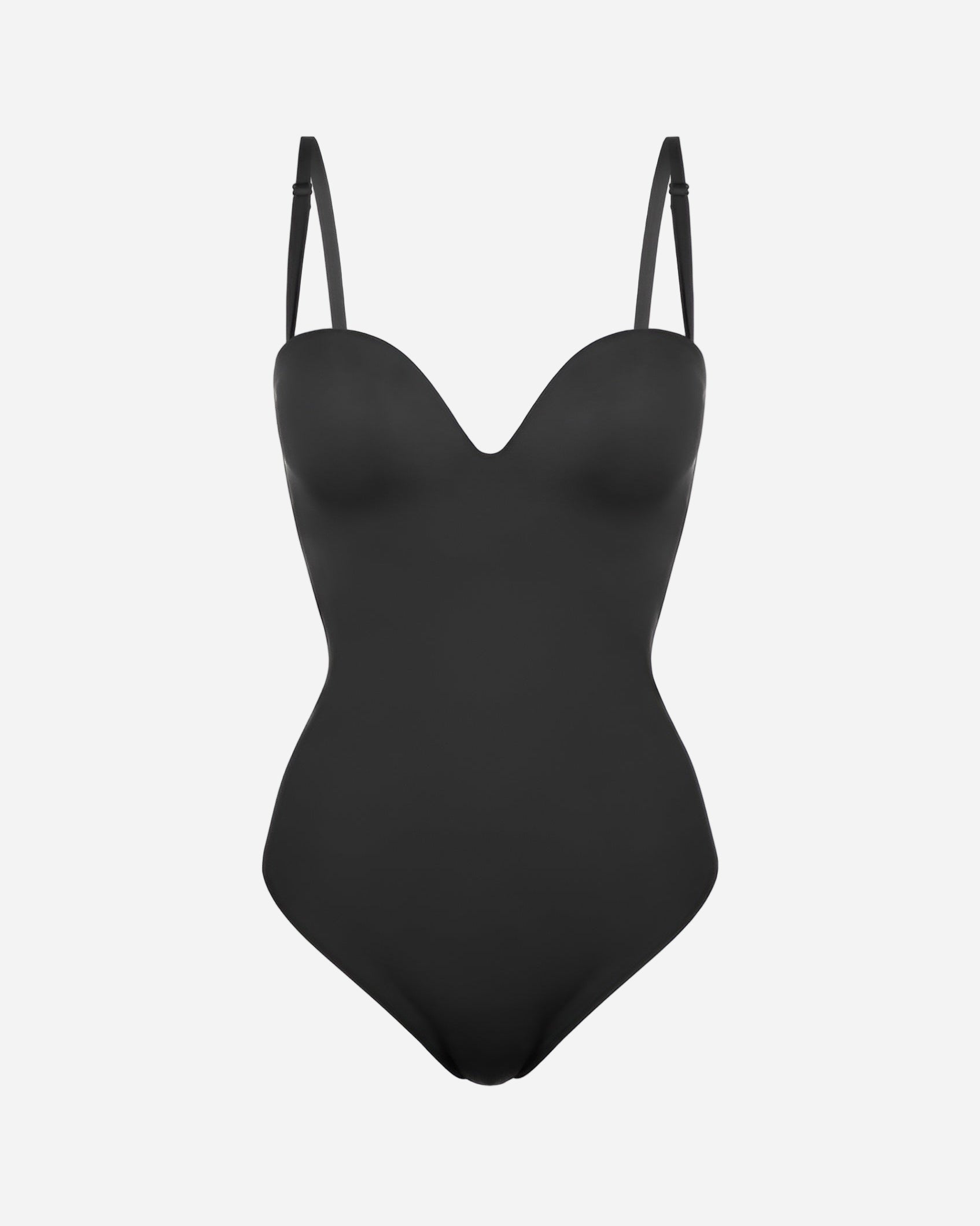 Black swimsuit with thin straps on a white background